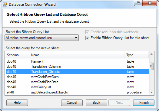 Connect to Database Wizard - Select default Query List and database object