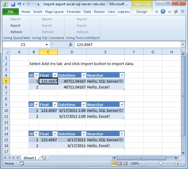 Excel-SQL Server Import-Export using VSTO Example