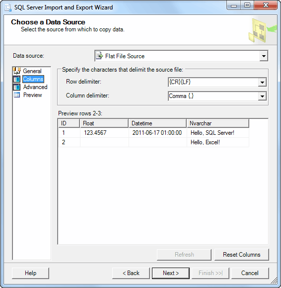 Choose a Data Source as CSV file - Columns