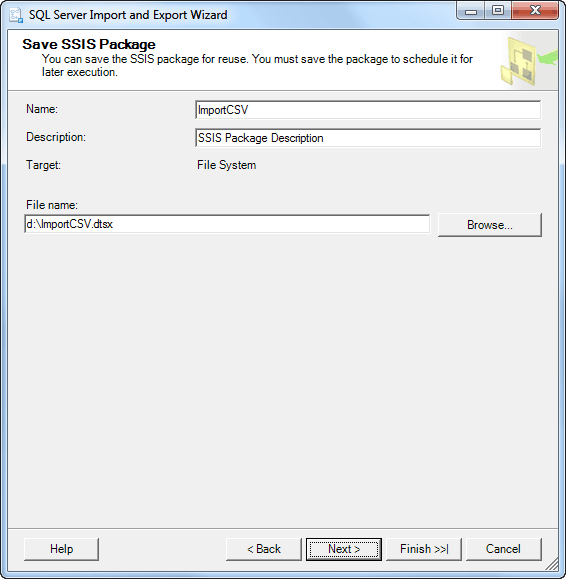 Save SSIS Package for CSV Import