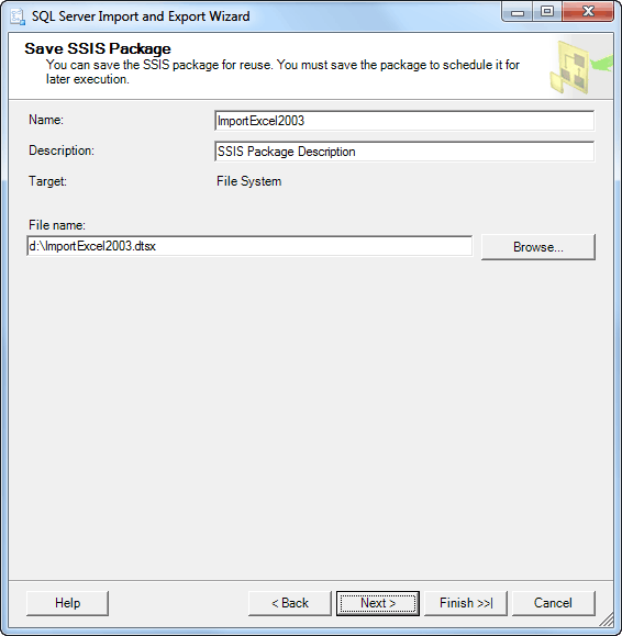 Save SSIS Package for Excel Import